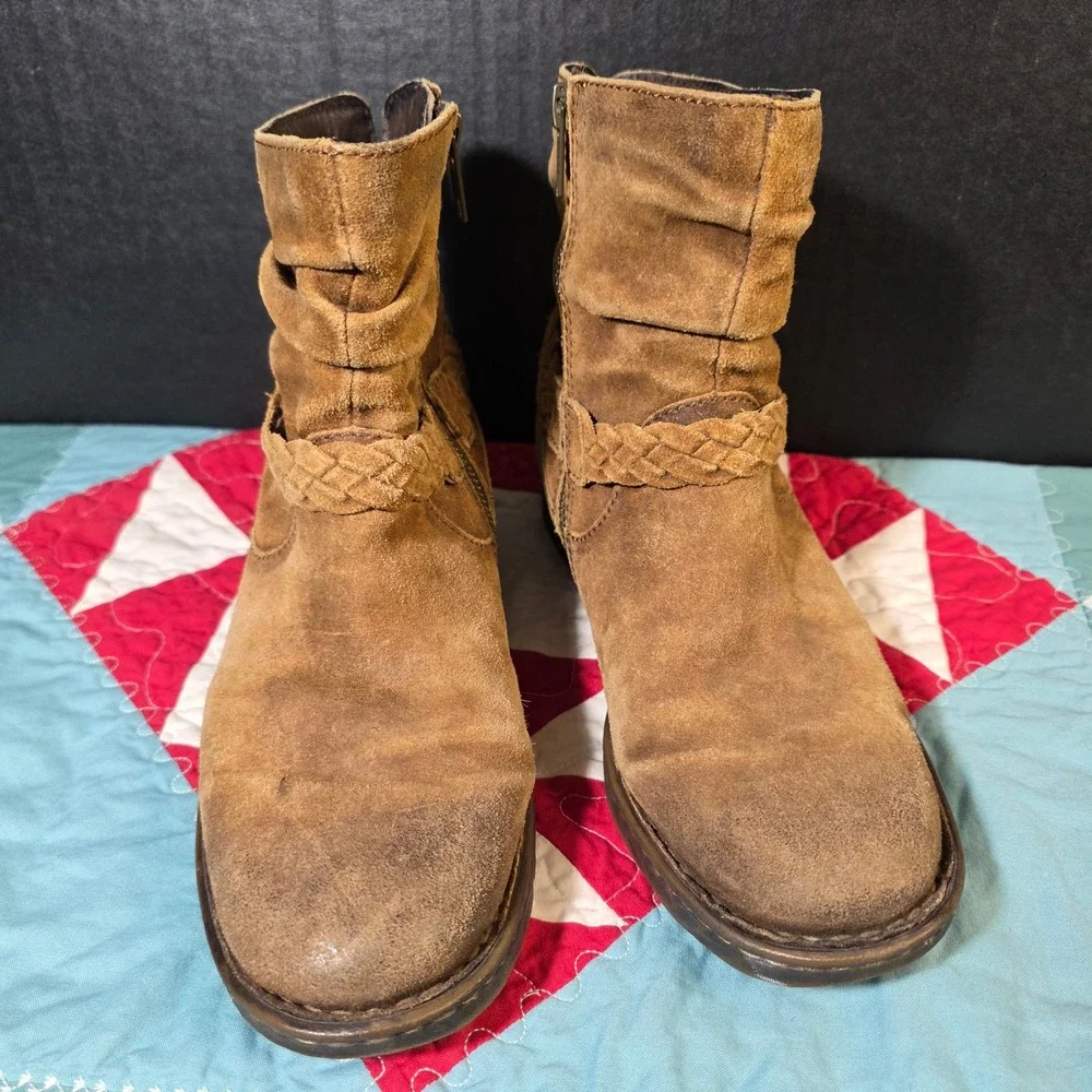 Born‎ Suede Ankle Boots Womens 6.5M Tan Brown Slouchy Distressed Braided Strap